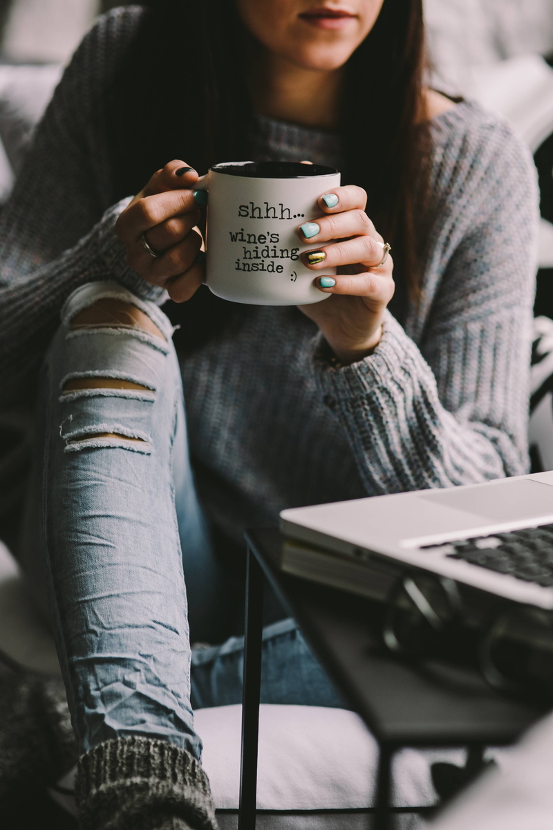 4K, young Adult, sitting, front view, coffee - Drink, tea cup, holding, drinking, cup, refreshment, women, caucasian Ethnicity, midsection, indoors, adults only
