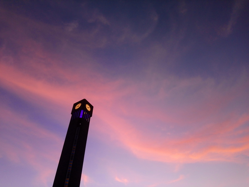 orange sky, 5K, tall - high, blue sky, built structure, illuminated, dramatic sky, skyscraper, low angle view, canada, clock, outdoors, ubc