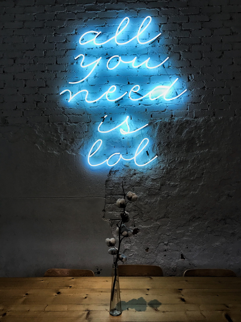 smile, creativity, illuminated, lettering, 4K, vibe, indoors, electricity, blue, signage, neon, love, electric light, architecture, glowing, wall - building feature