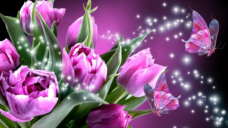 peonies, spring, romance, butterflies, butterfy, pink, purple, tulip, sparkle stars, bright, 1080P, dazzle, summer