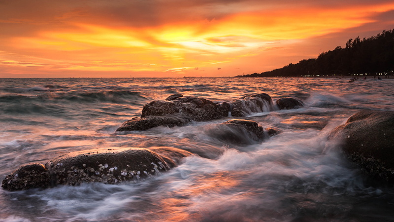 1080P, rocks, laptops, hin, sky, mobile, sea, rayong, tablets, hd, thailand, orange, khaw, lan, beach, red, sunset, phones, waves, desktop