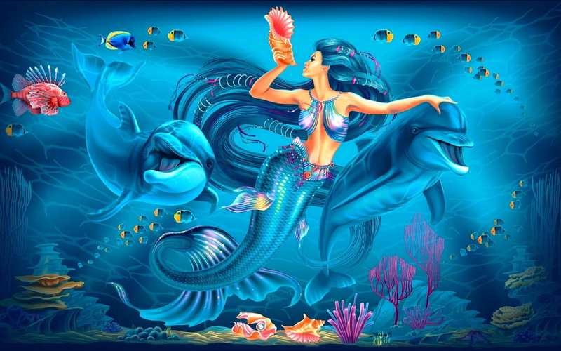 shell, mermaid, fishes, underwater, joy, 1080P, 3d and abstract, dolphin