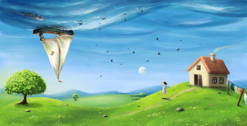Moon, 1080P, landscape, digital art, house, boat, clouds, field, Hills, Optical Illusion, Dolphin, women, illustration, birds, Trees, nature, fantasy Art