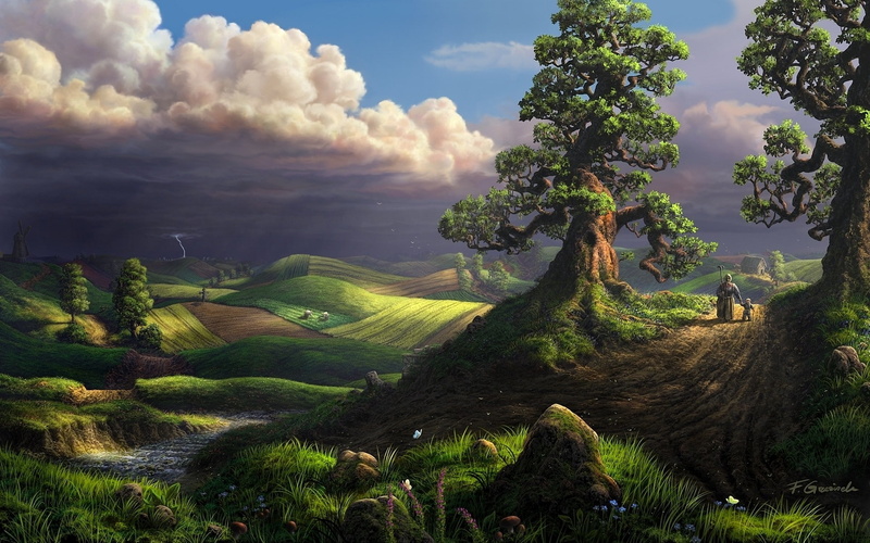 hills, women, house, stream, lightning, 1080P, digital art, children, rock, grass, nature, trees, field, clouds, fantasy art, landscape
