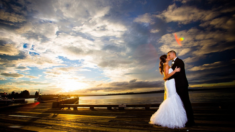 outdoors, two people, emotion, newlywed, sunset, marriage, bride, smiling, fun, cheerful, sun, attractive, person, wedding dress, male, relaxation, spouse