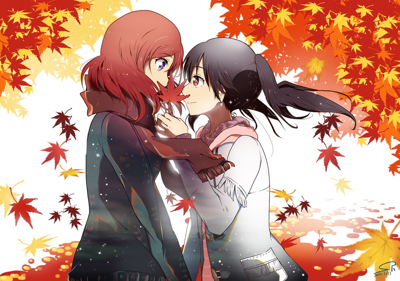 art and craft, digital composite, celebration, 2K, fall, female likeness, scarf, leaves, autumn, indoors, Love Live!, creativity, representation, Nishikino Maki
