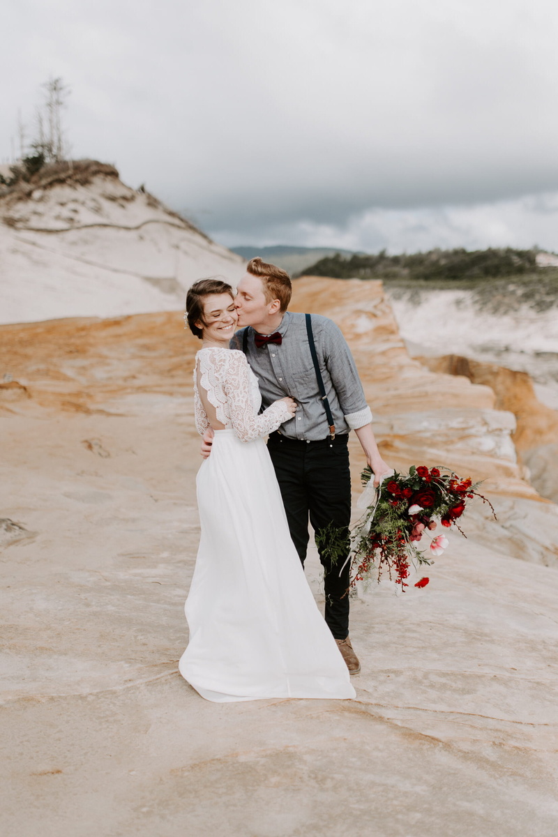 caucasian, groom, bouquet, flowers, flower, holding, bridegroom, love, positive emotion, togetherness, kiss, kissing, men, land, i do, flower arrangement