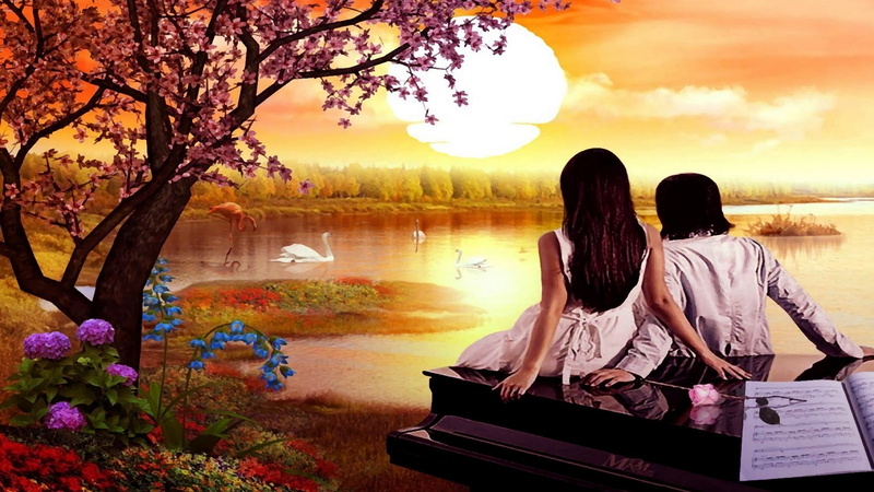 girl, happiness, love, lovers, sunset, piano, romantic scenery, evening, friendship, 1080P, lake, spring, loving couple, couple, romance