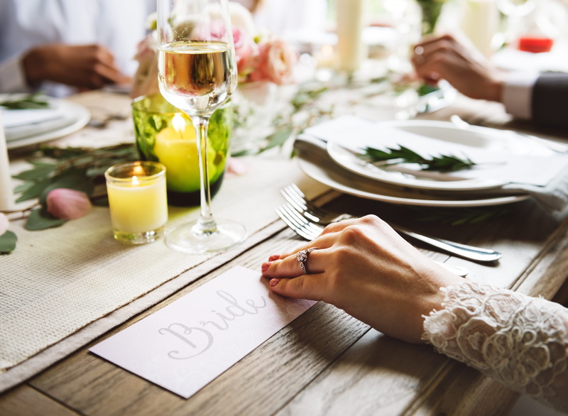 clear, female, meal, fork, adult, romantic, groom, dining, holding, restaurant, women, long, beautiful, hand, love, wine, happiness, bride, people, table setting