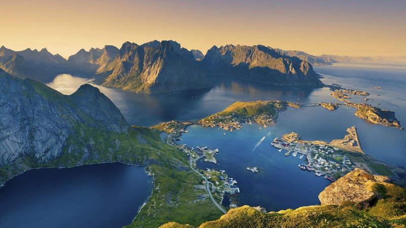 sunset, no people, 1080P, scenics - nature, tranquility, water, lake, Norway, Lofoten Islands, formation, tranquil scene, rock, volcanic crater, mountain range