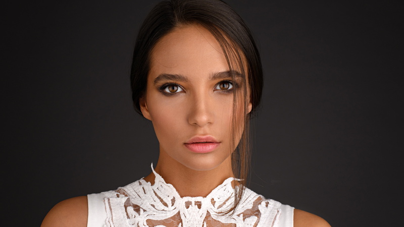 beauty, Eugene Balin, 4K, background, E.Balin, brown hair, portrait, in white, Anastasia Ernst, hairstyle, makeup, look, model