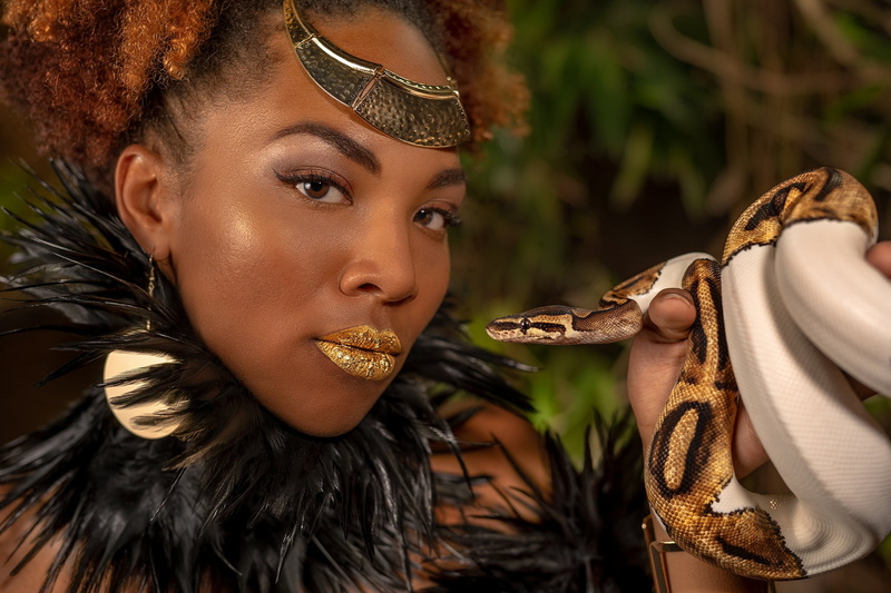 snake, dark, boa, face, hairstyle, makeup, brown-eyed, feathers, Golden lips, reptile, African, African-American, 1080P, decoration, redhead, look, black woman