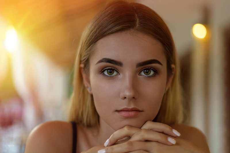 look, brown hair, Eugene Balin, 1080P, model, Kristina Kolpakova, bokeh, hairstyle, makeup, beauty, portrait, background, close-up