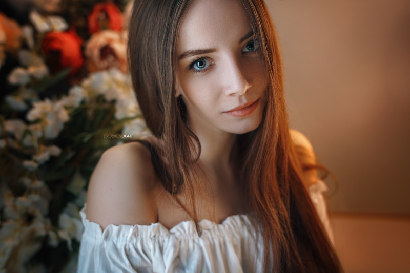 bare shoulders, straight hair, 2K, brunette, model, Alexander Drobkov, long hair, portrait, women, smiling