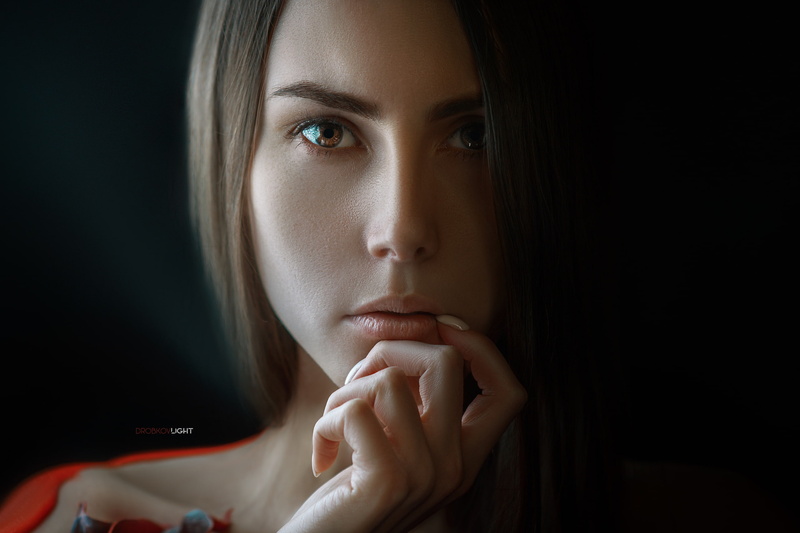 finger on lips, Alexander Drobkov, portrait, face, model, 2K, women