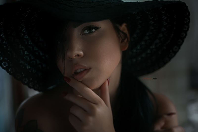 hat, women, Alexander Drobkov, portrait, tattoo, red nails, 1080P, face