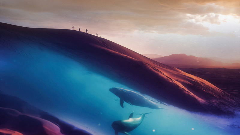 sea, artwork, landscape, Sun, 4K, nature, animals, sky, underwater, dolphin, sun rays, photo manipulation, illustration, Photoshop, fantasy art, digital art