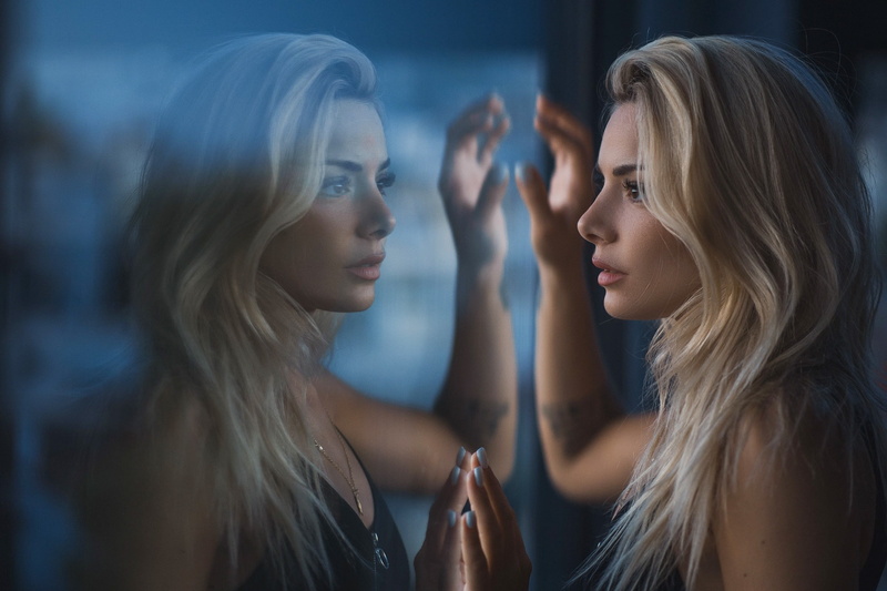 girl, portrait, glass, Manthos Tsakiridis, 1080P, reflection
