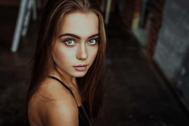 1080P, face, women, bokeh, tanned, Krzysztof Budych, portrait, black tops, long hair, brunette, blue eyes
