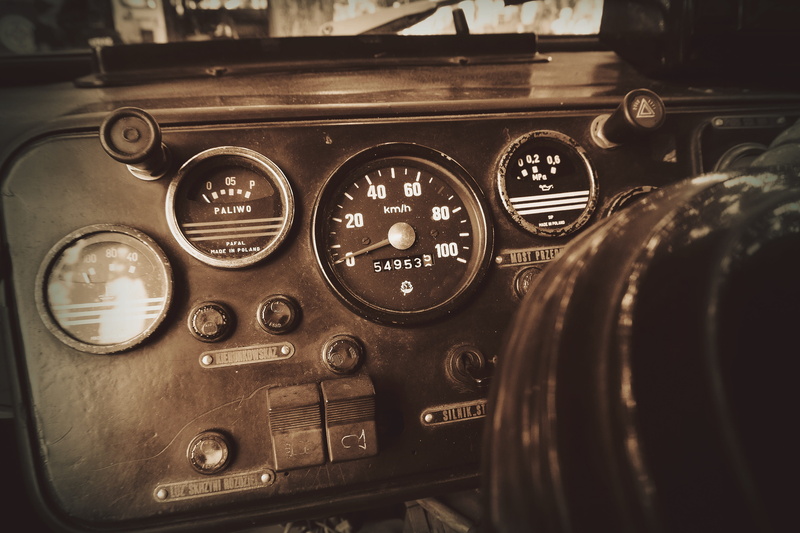 retro car, mode of transportation, control panel, retro, old cars, car, old auto, Fire, Sepia, selective focus, indoors, no people, speedometer, cluster