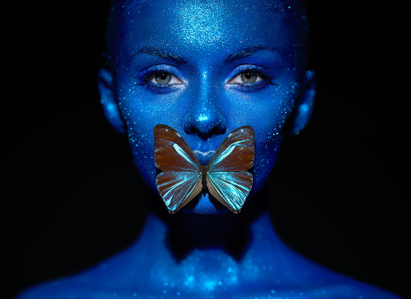 fashion, butterfly, portrait, Oleg Gekman, 1080P, women, face paint, blue