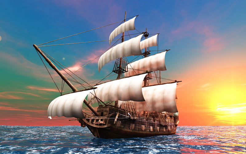 digital art, Retouching, 2K, sea, Sailing Ship, sunset