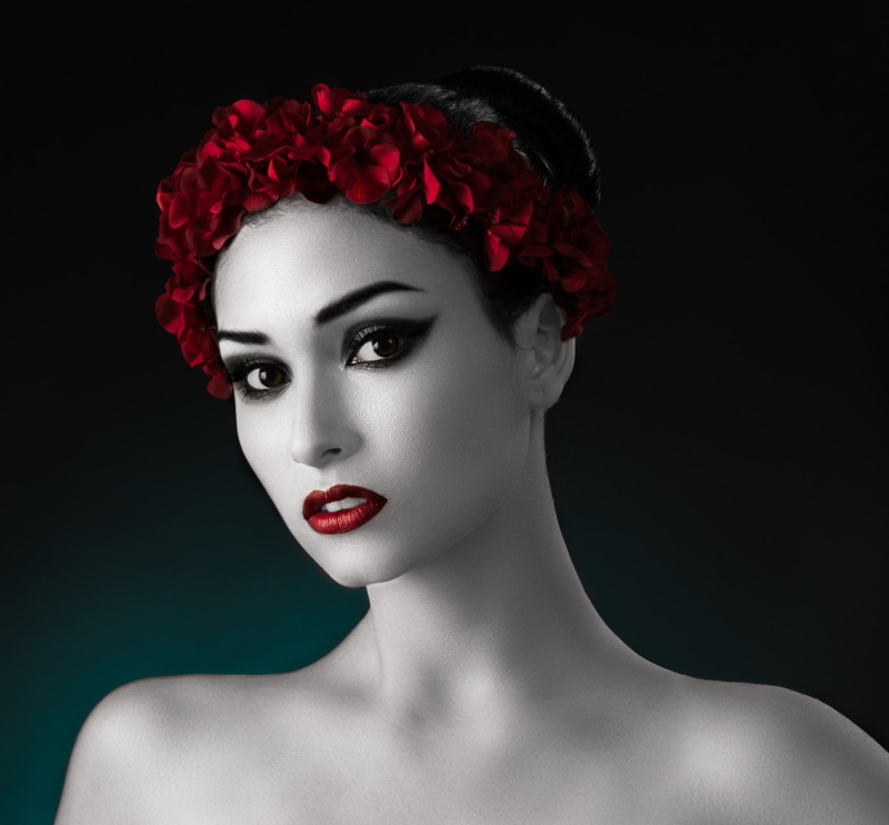1080P, portrait, style, retouching, black-and-red-and-white photo
