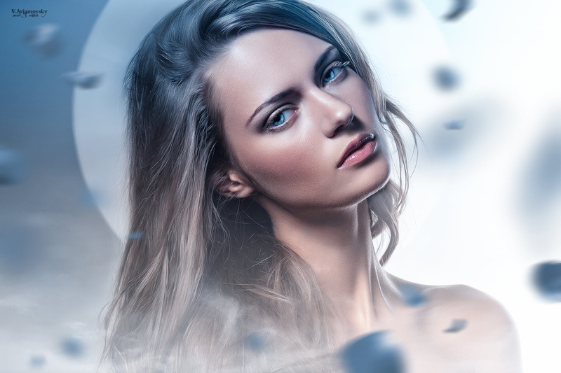 women, retouching, petals, blue eyes, red lipstick, hair, 1080P, portrait, arlamovsky, illustration, Photoshop, creativity, moonlight, face, smoke