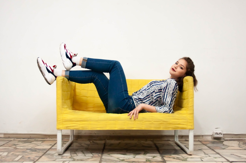 yellow, model, processing, sneakers, leisure activity, adult, young adult, full length, chair, relaxation, furniture, young women, photo shoot, seat, real people