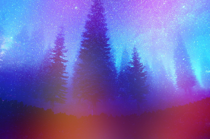 Constellations, mist, 1080P, Pine Trees, forest, Retouching, night, nature, stars, Colorful