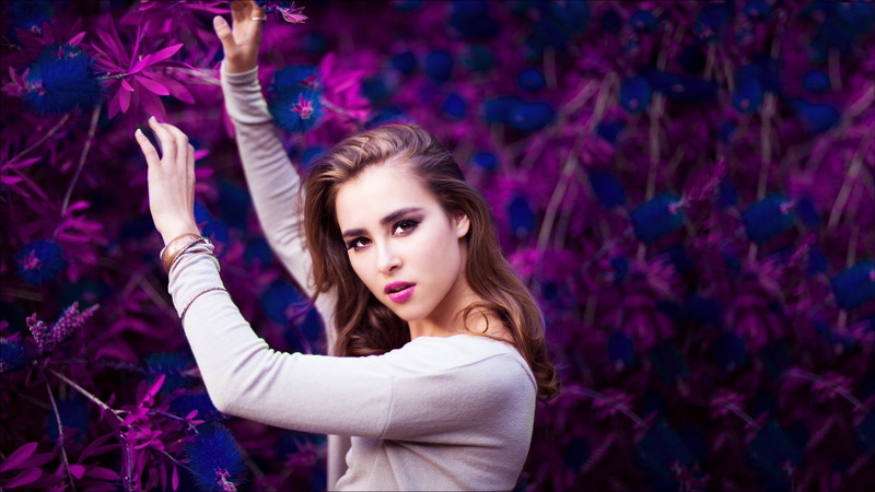 retouching, white sweater, model, brunette, long hair, smoky eyes, women, 1080P, purple lipstick, purple flowers