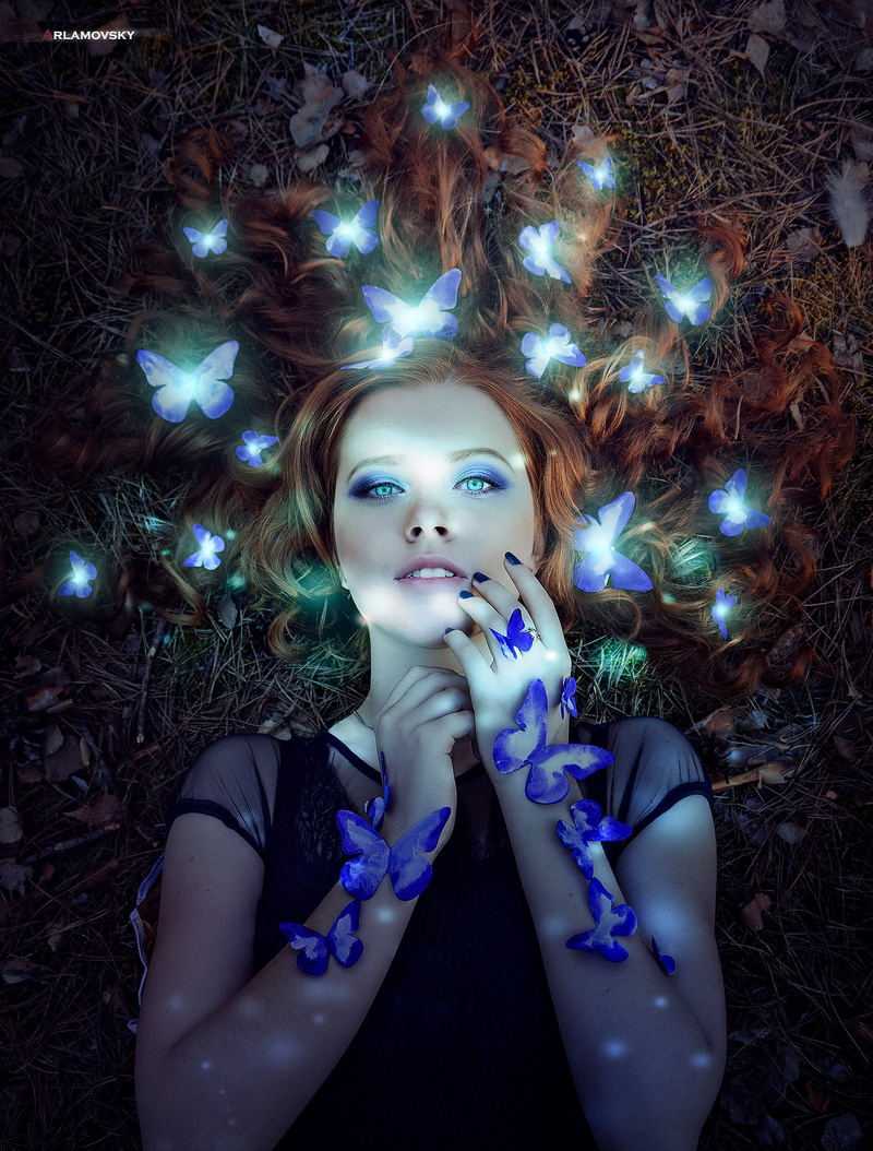 Blue Butterflies, forest, arlamovsky, women, butterflies, blue eyes, hair, retouching, 1080P, women outdoors, lying down, face, brunette, photography