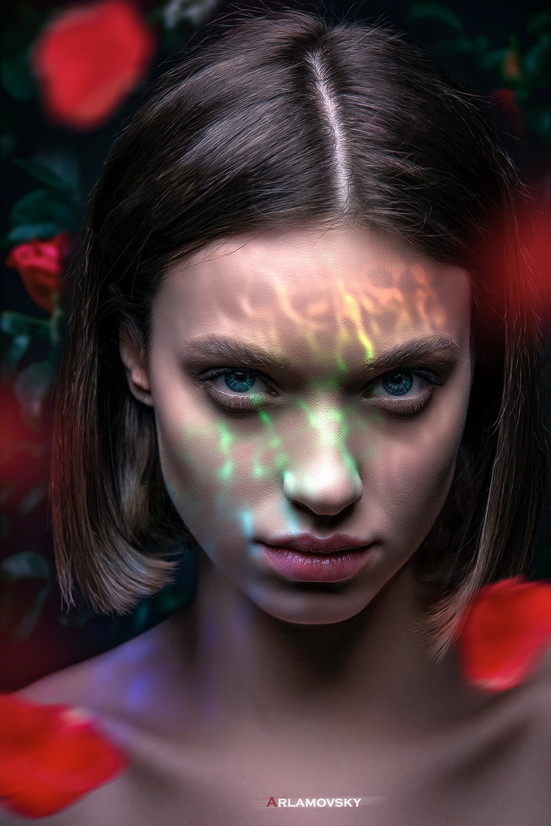 forest, brunette, Photoshop, women outdoors, 1080P, light effects, flower petals, portrait, face, arlamovsky, photography, petals, blue eyes, women, retouching