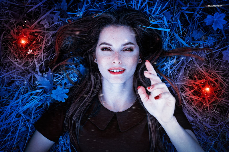 magic, retouching, lying on back, Photoshop, arlamovsky, forest, photography, women, mistery, light effects, face, eyes, 1080P, women outdoors, red lipstick