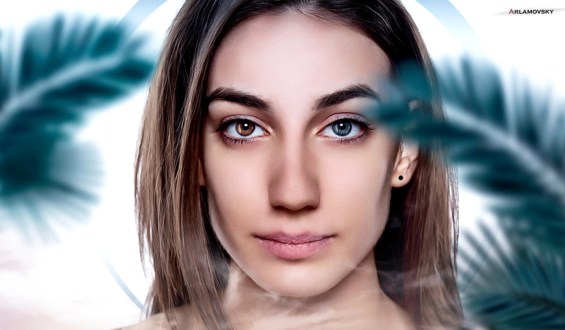 arlamovsky, brown eyes, face, blue eyes, 1080P, photography, brunette, creative coding, women, Photoshop, eyes, art installation, smoke, white background