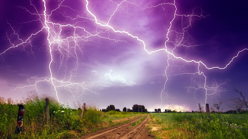 pathway, meadow, 4K, night lights, bad weather, stormy, field, lightning