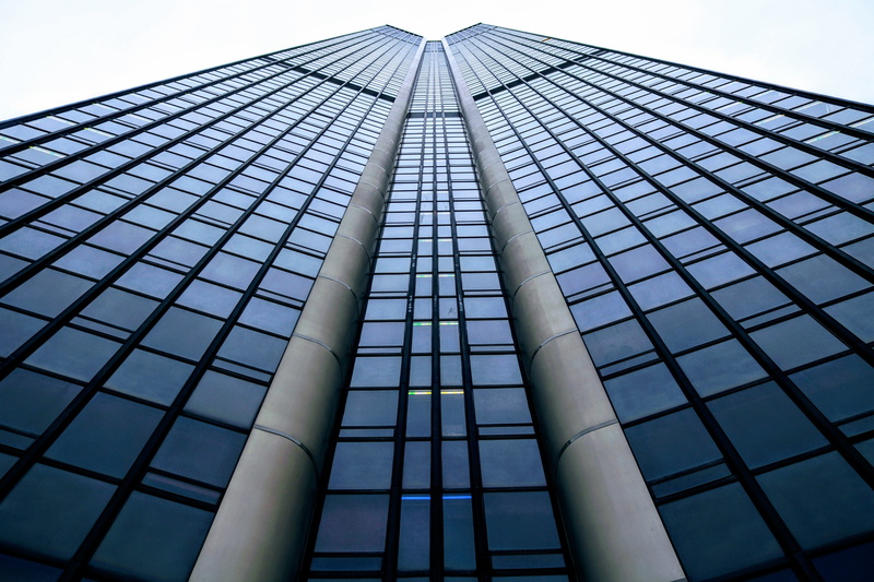 structure, company, diminishing perspective, urban, facade, modern architecture, 4K, directly below, tall - high, no people, glass - material, built structure