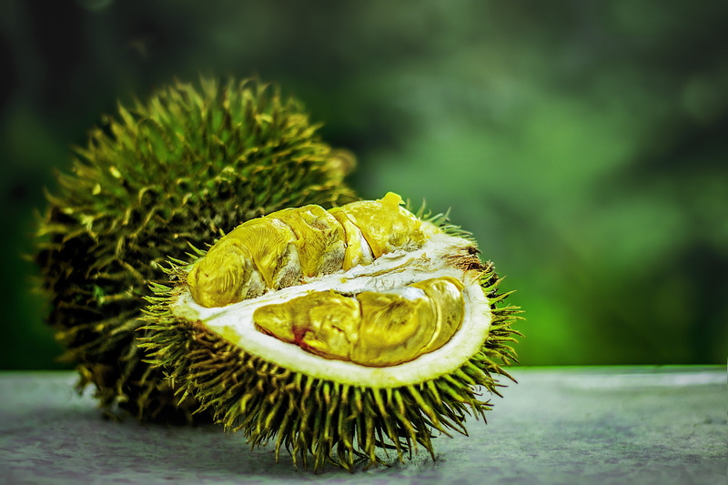 focus on foreground, wellbeing, green color, smelly, outdoors, day, nature, spiked, durian fruit, fruit, selective focus, king of fruit, freshness, close-up
