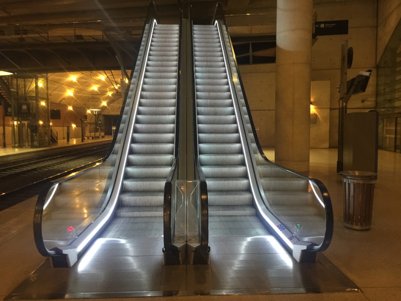 no people, metal, motion, light, transport, architecture, Escalator, ceiling, public transportation, built structure, flooring, transportation, lighting equipment