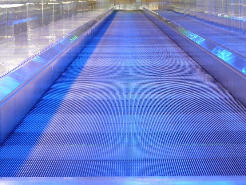 direction, no people, movement, modern, lighting, blue, motion, closeup, transport, roll band, architecture, diminishing perspective, neon lighting, blue light