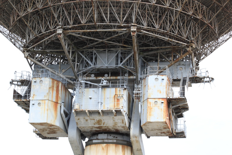 no people, wheel, deterioration, rusty, spying, radio, white, latvia, russian, building, demolished, decline, science, telescope, weathered, metal, instrument