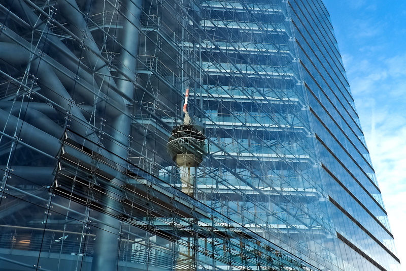 building exterior, mirroring, skyline, 4K, downtown, glass facade, modern building, glass, town center, city gate, office building exterior, angle, glass window