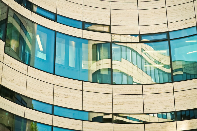 blue, city, office, glass facades, glass front, home, glass, reflection in the window, kö bow, office building exterior, modern architecture, turquoise colored