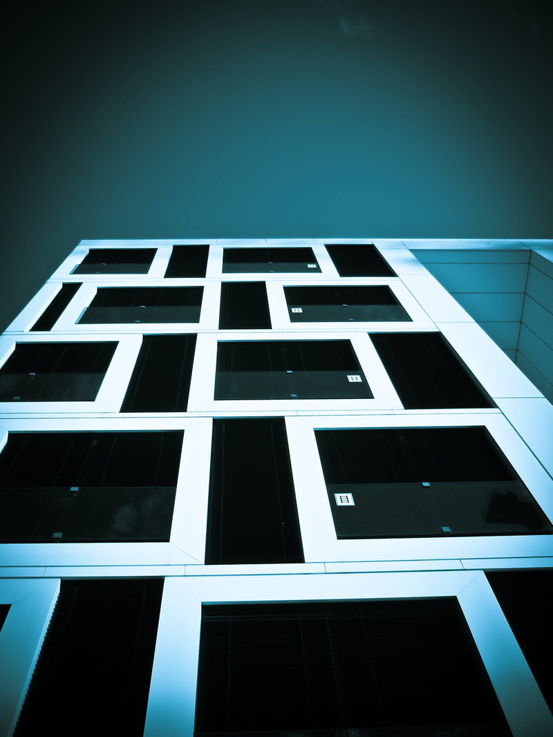 window, pattern, Modern, facade, skyscraper, geometric shape, bluish, glass - material, office building exterior, blue, copy space, apartment, built structure