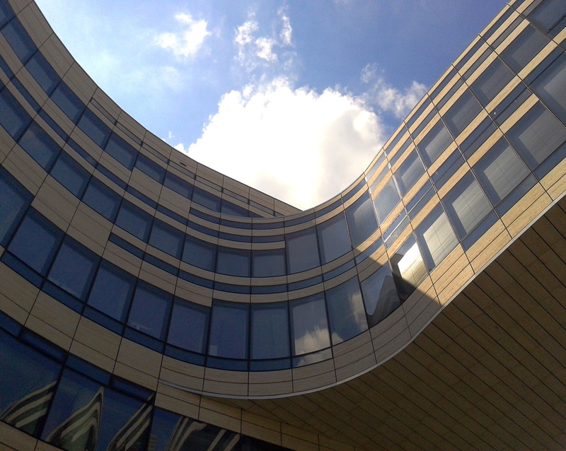 office building exterior, sunlight, day, sky, architecture, building, office Building, skyscraper, city, directly below, office, window, 1080P, cloud - sky