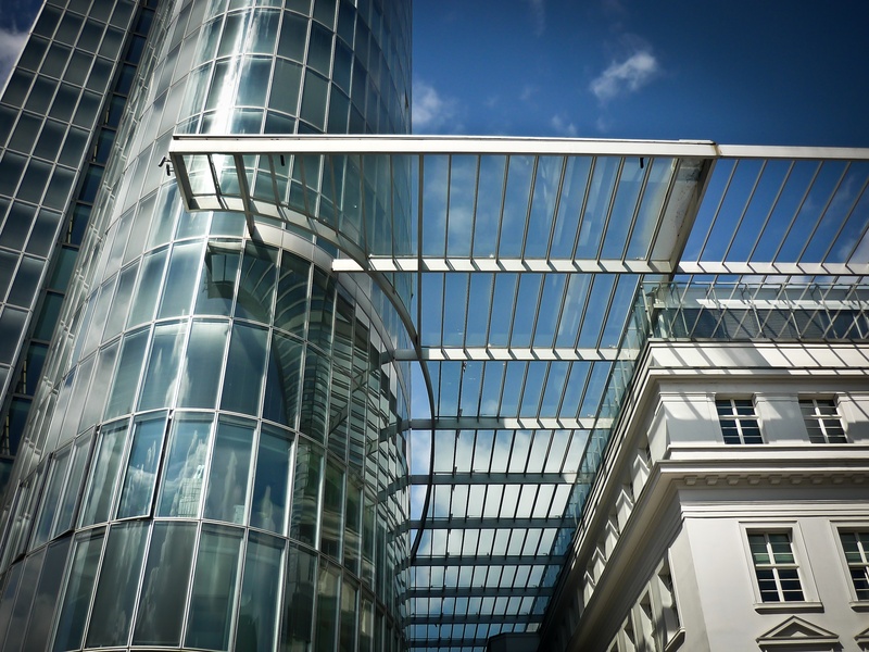 architecture, bluish, pattern, glass - material, office building, office building exterior, metal, modern, nature, glass, built structure, city, building exterior