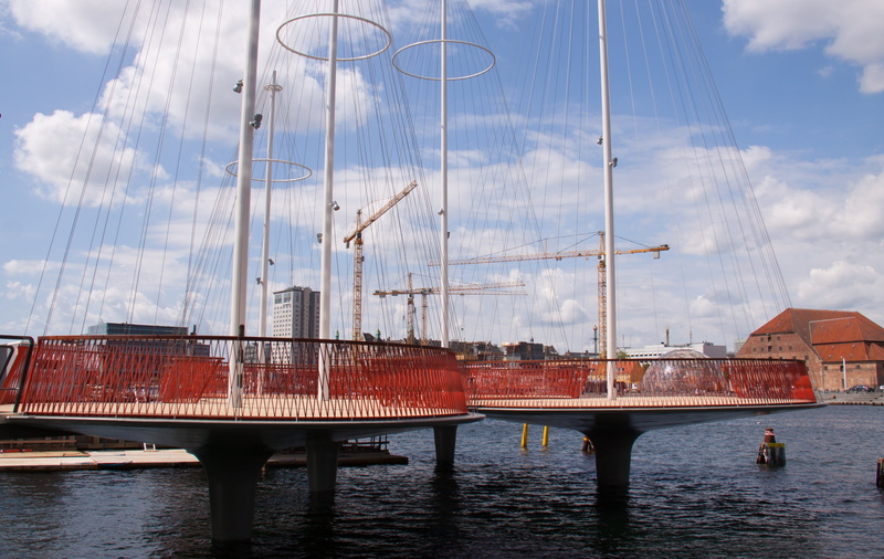 bridge - man made structure, engineering, nautical vessel, city, sailboat, day, orange, nordic, bluish, waterfront, 4K, architecture, transportation, copenhagen