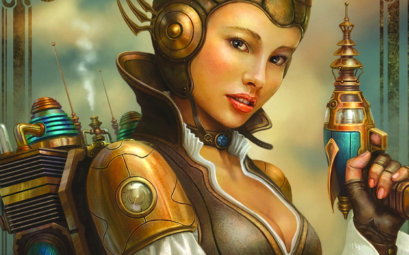 helmet, beauty, digital art, fashion, portrait, art and craft, adult, face, steampunk, clothing, open mouth, futuristic, close-up, antique, looking at camera