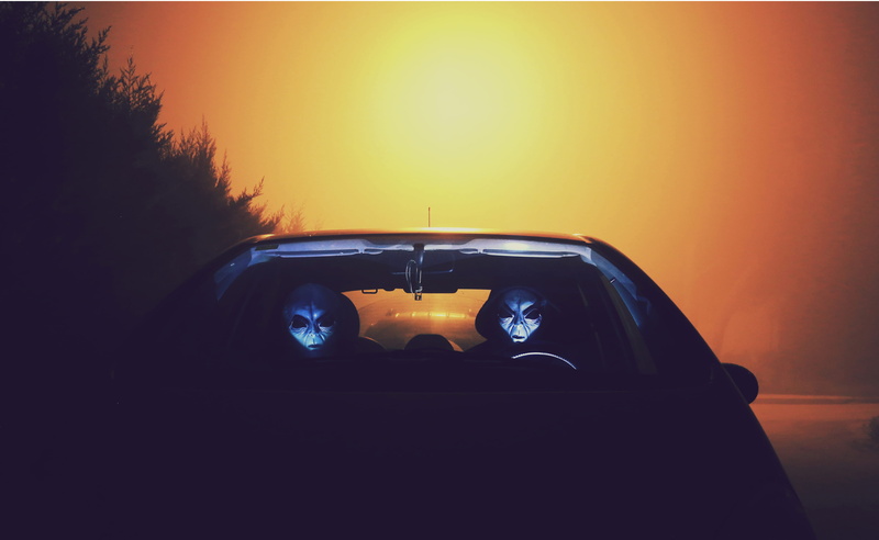 night, two, mode of transportation, transportation, alien, dusk, sunset, person, activity, photography themes, color, mysterious, technology, masked, spooky