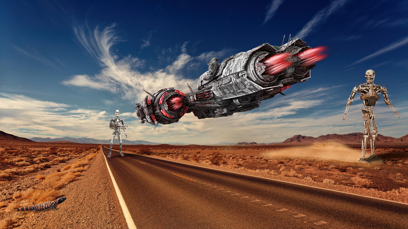 fantasia, land, ufo, robotics, dirt, direction, cloud - sky, space ship, sign, machine, digital composite, motion, 4K, cyborg, war, futuristic, clash